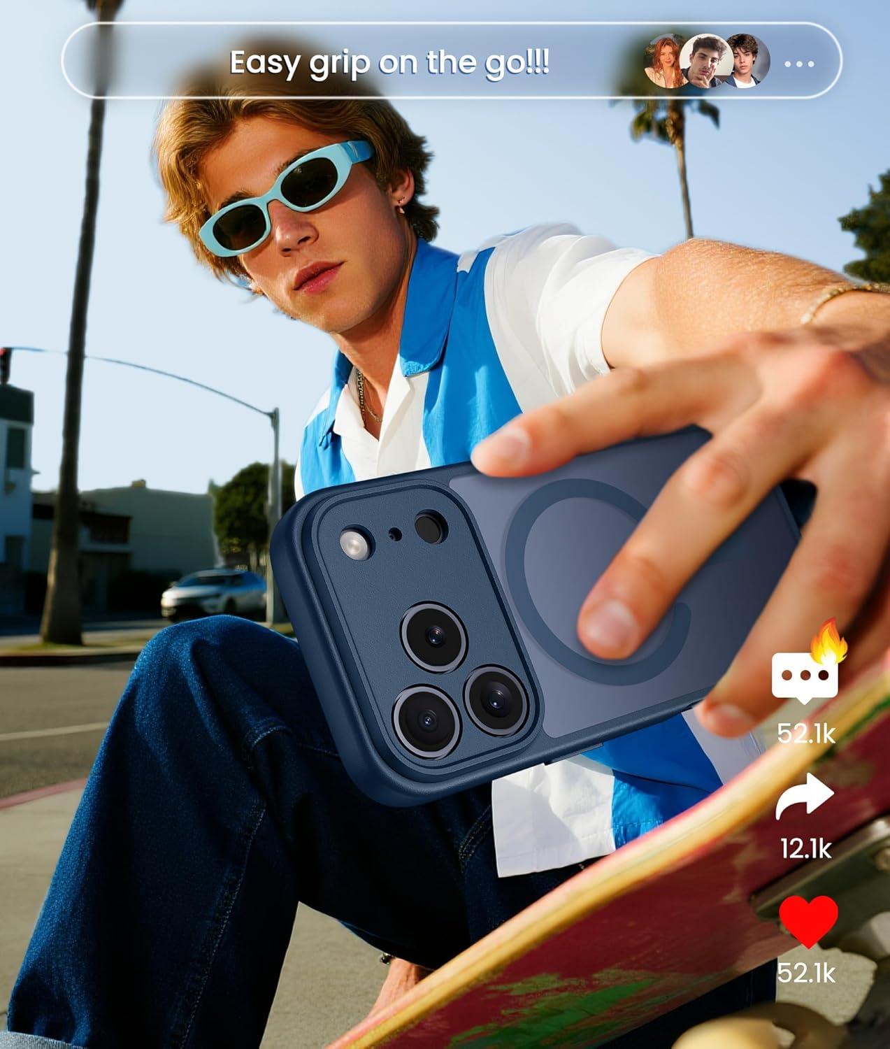 imageFNTCASE for iPhone 15 Pro Case Compatible with Magsafe Translucent Matte Magnetic Phone Cover Military Grade Drop Protection Shockproof Protective Cases BlackBlue