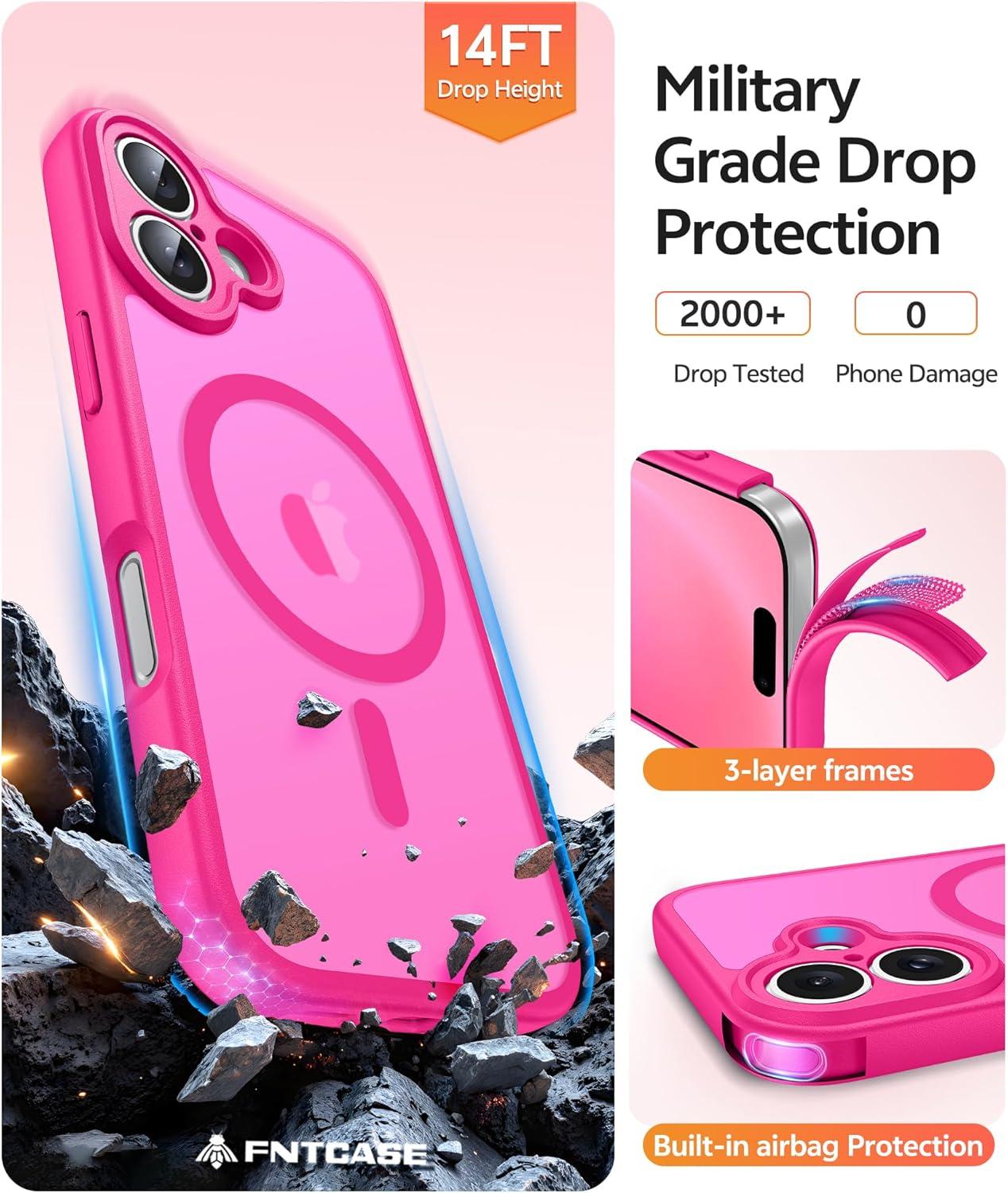imageFNTCASE for iPhone 15 Pro Case Compatible with Magsafe Translucent Matte Magnetic Phone Cover Military Grade Drop Protection Shockproof Protective Cases BlackHot Pink