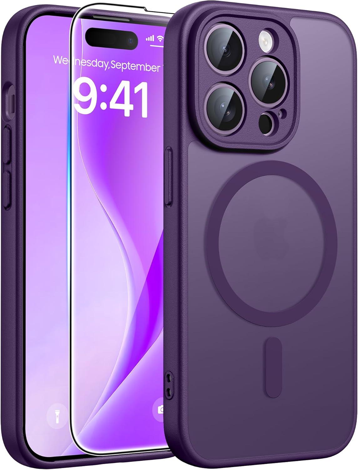 imageFNTCASE for iPhone 15 Pro Case Compatible with Magsafe Translucent Matte Magnetic Phone Cover Military Grade Drop Protection Shockproof Protective Cases BlackPurple