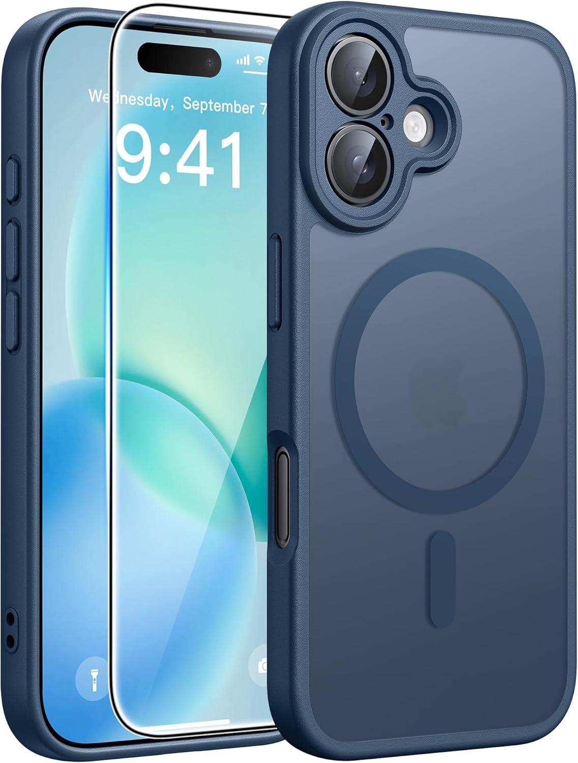 imageFNTCASE for iPhone 15 Pro Case Compatible with Magsafe Translucent Matte Magnetic Phone Cover Military Grade Drop Protection Shockproof Protective Cases BlackBlue