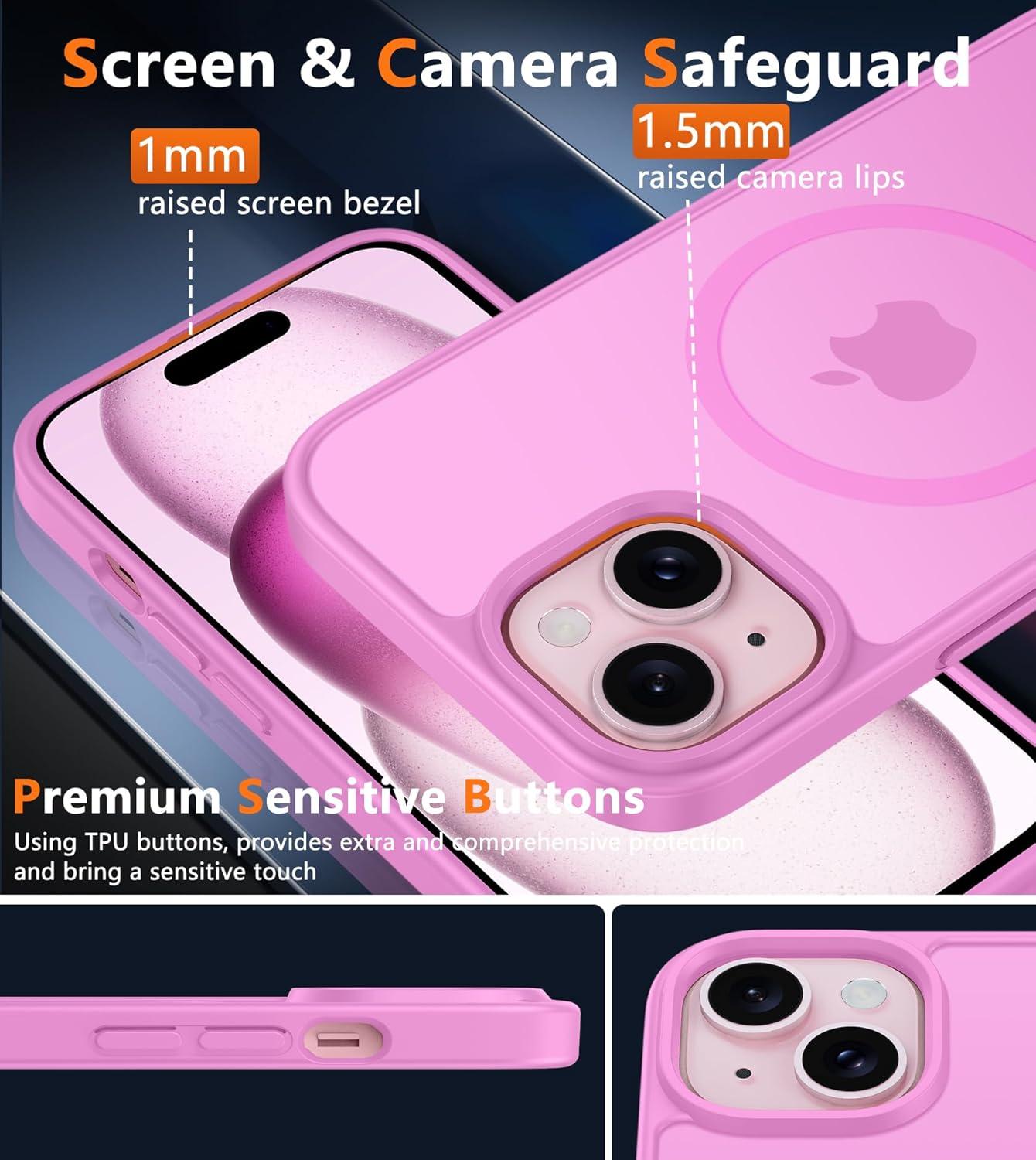 imageFNTCASE for iPhone 15 Pro Case Compatible with Magsafe Translucent Matte Magnetic Phone Cover Military Grade Drop Protection Shockproof Protective Cases BlackPink