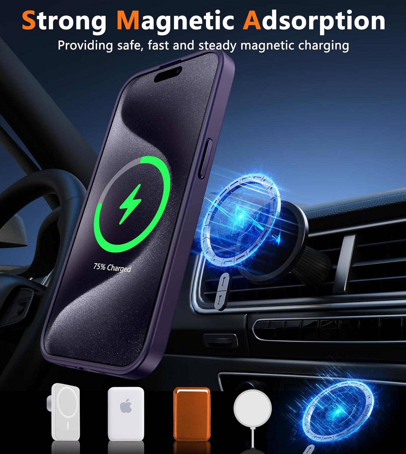 imageFNTCASE for iPhone 15 Pro Case Compatible with Magsafe Translucent Matte Magnetic Phone Cover Military Grade Drop Protection Shockproof Protective Cases BlackPurple