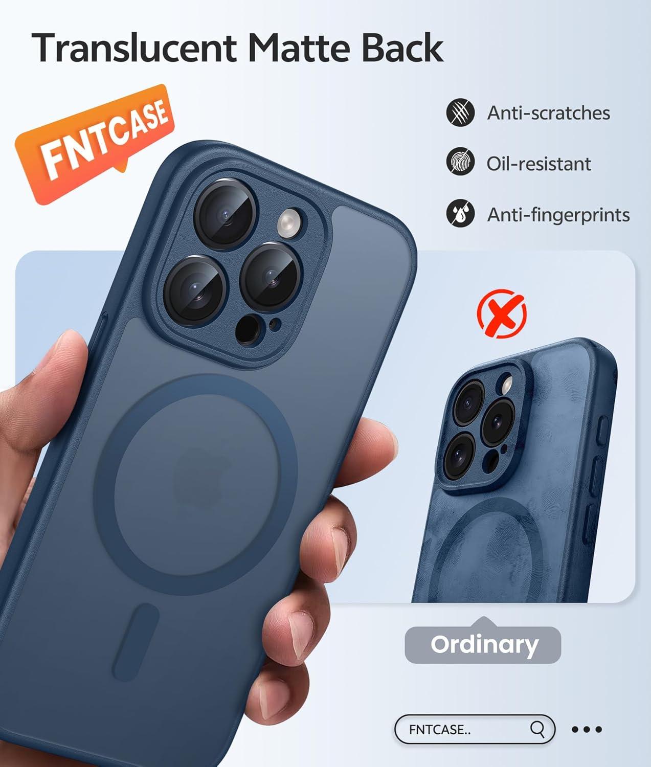 imageFNTCASE for iPhone 15 Pro Case Compatible with Magsafe Translucent Matte Magnetic Phone Cover Military Grade Drop Protection Shockproof Protective Cases BlackBlue