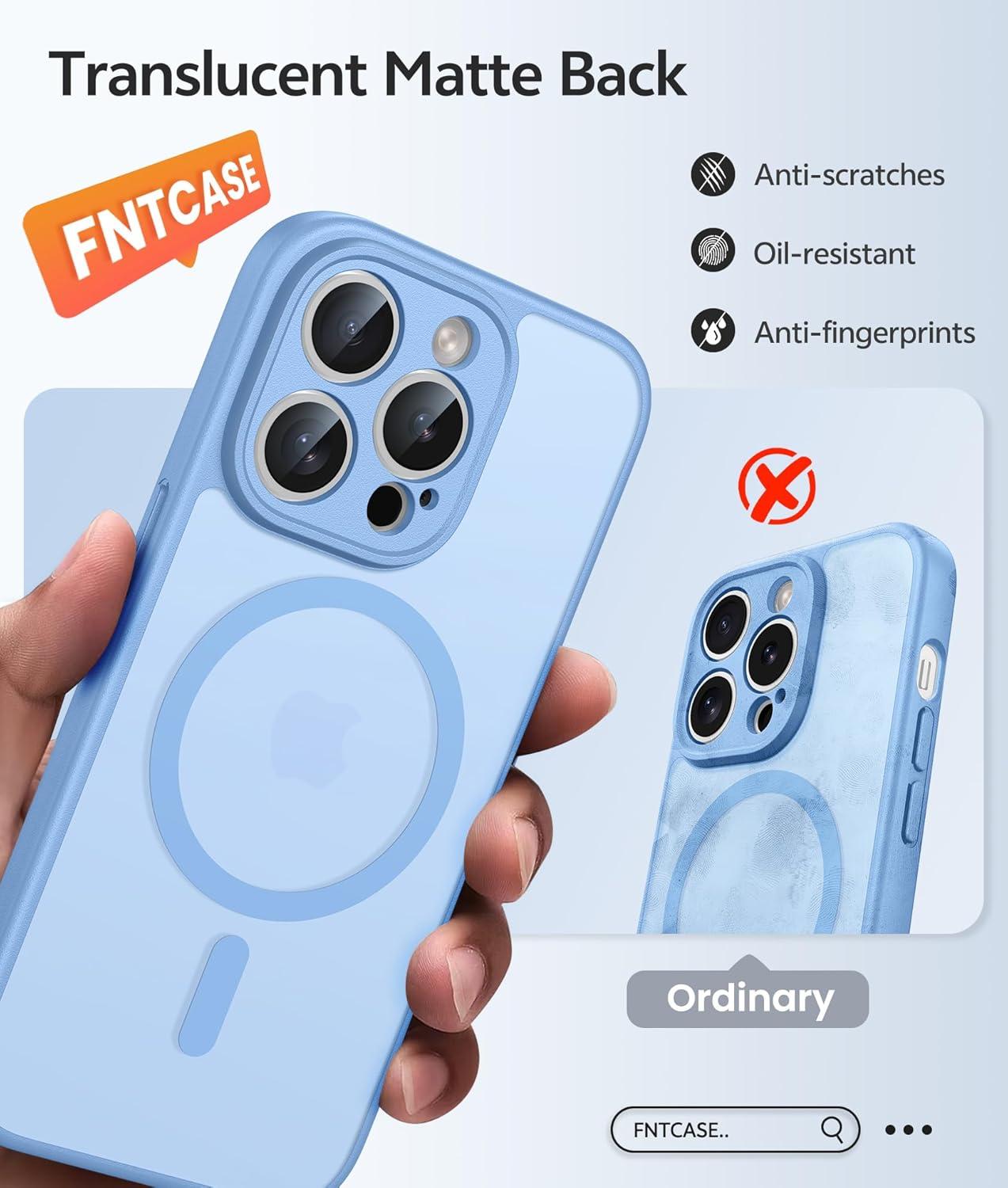 imageFNTCASE for iPhone 15 Pro Case Compatible with Magsafe Translucent Matte Magnetic Phone Cover Military Grade Drop Protection Shockproof Protective Cases BlackLight Blue
