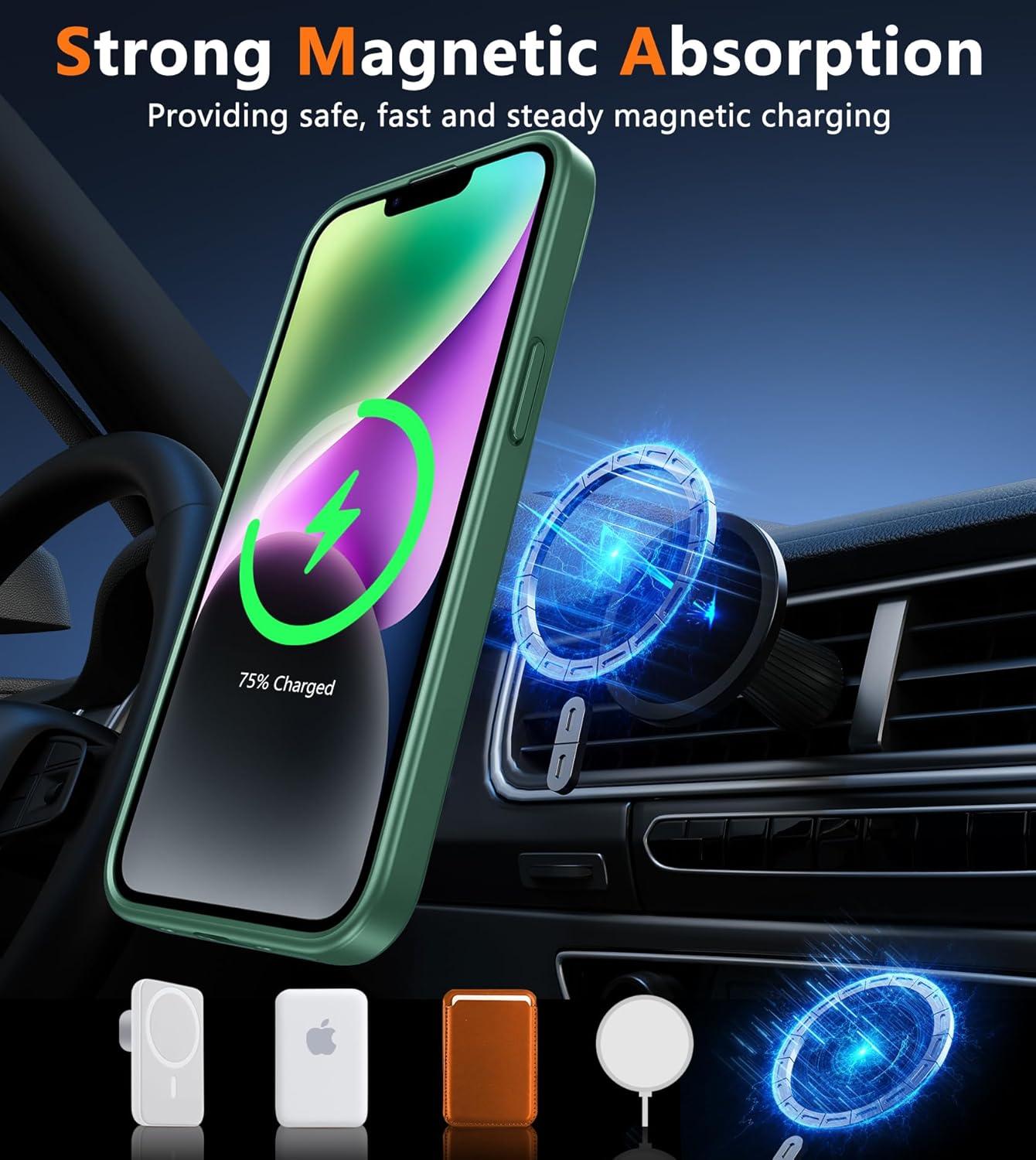 imageFNTCASE for iPhone 15 Pro Case Compatible with Magsafe Translucent Matte Magnetic Phone Cover Military Grade Drop Protection Shockproof Protective Cases BlackGreen