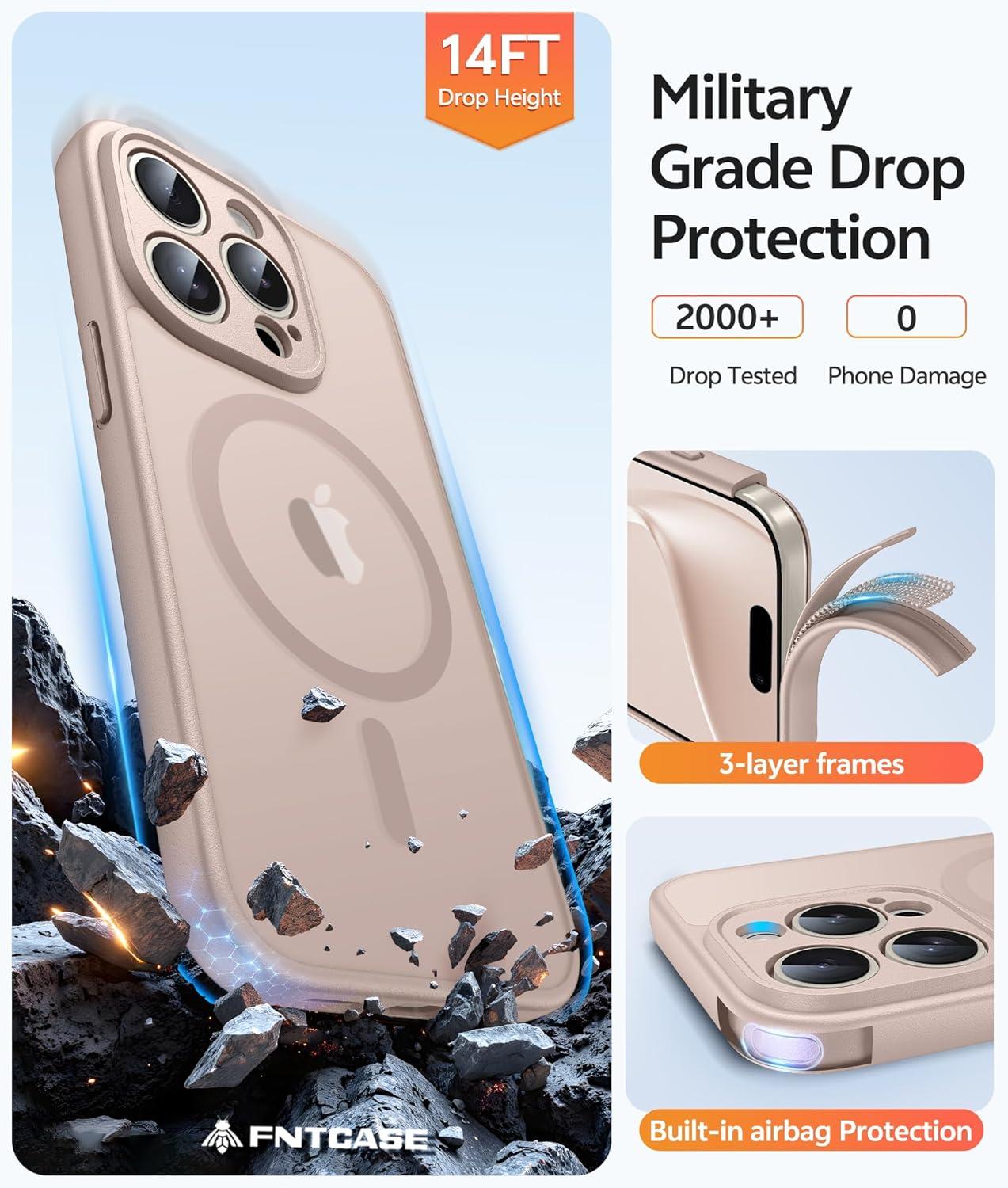 imageFNTCASE for iPhone 15 Pro Case Compatible with Magsafe Translucent Matte Magnetic Phone Cover Military Grade Drop Protection Shockproof Protective Cases BlackDesert Gold