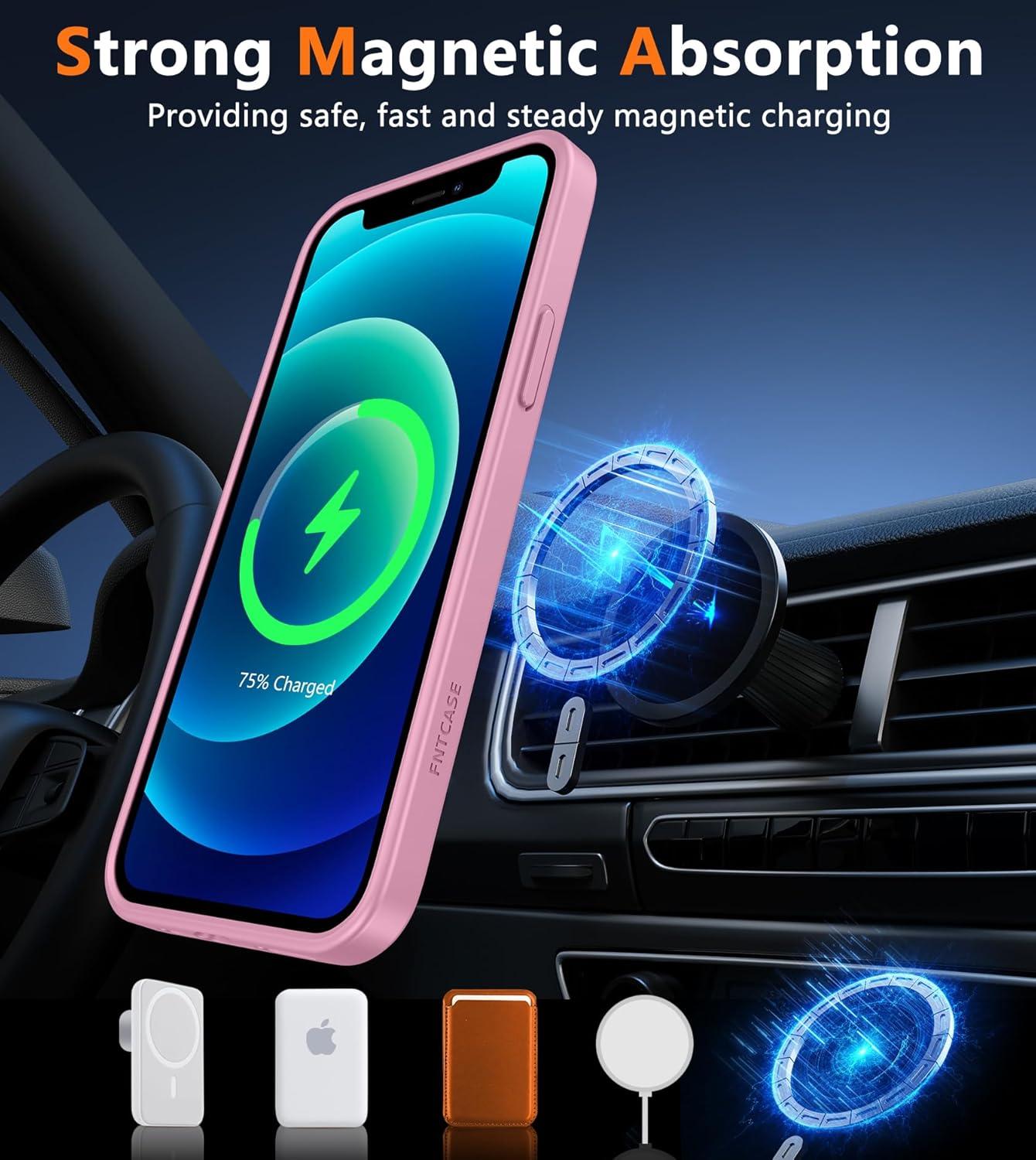 imageFNTCASE for iPhone 15 Pro Case Compatible with Magsafe Translucent Matte Magnetic Phone Cover Military Grade Drop Protection Shockproof Protective Cases BlackLight Pink