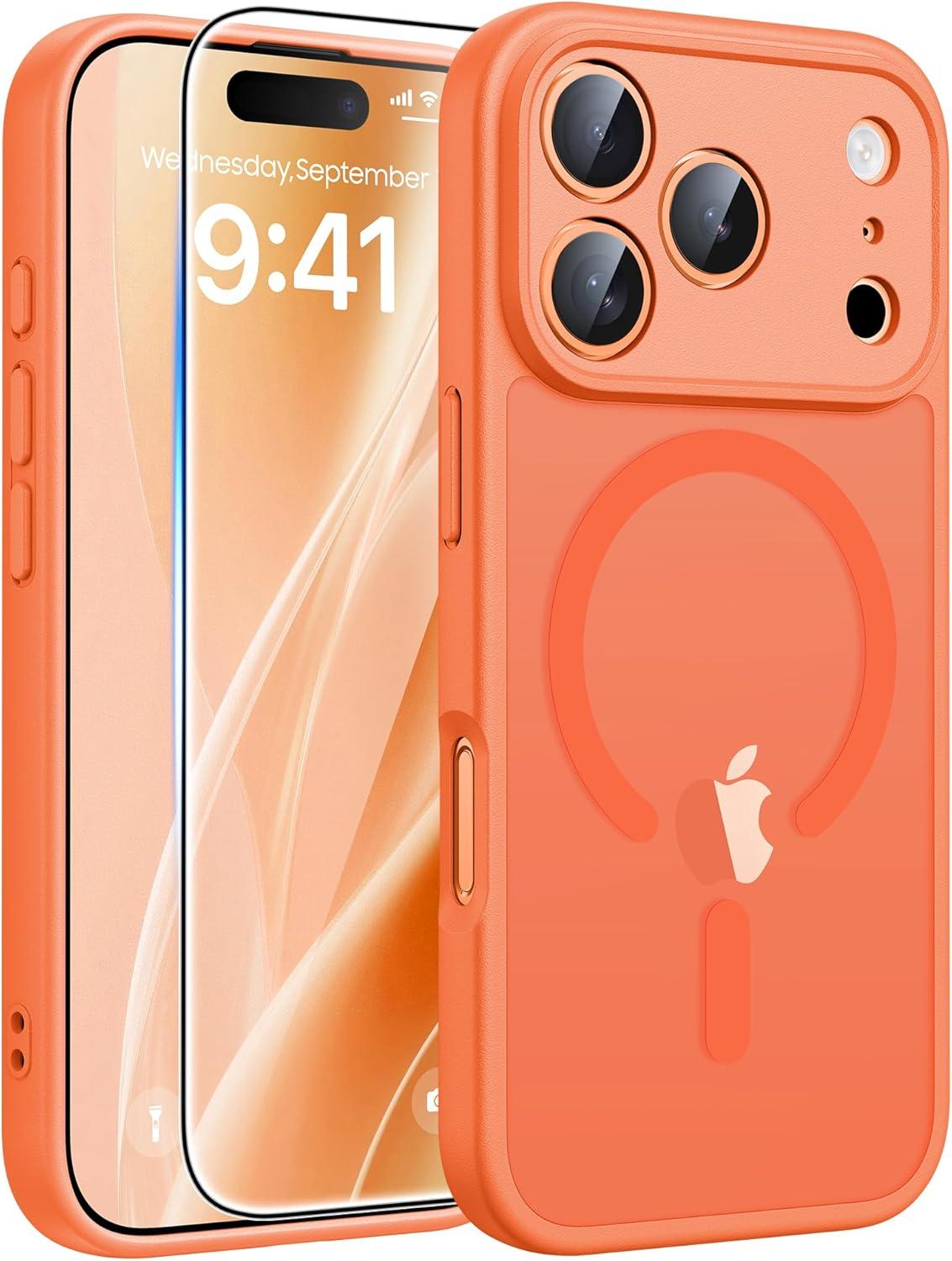 imageFNTCASE for iPhone 15 Pro Case Compatible with Magsafe Translucent Matte Magnetic Phone Cover Military Grade Drop Protection Shockproof Protective Cases BlackOrange