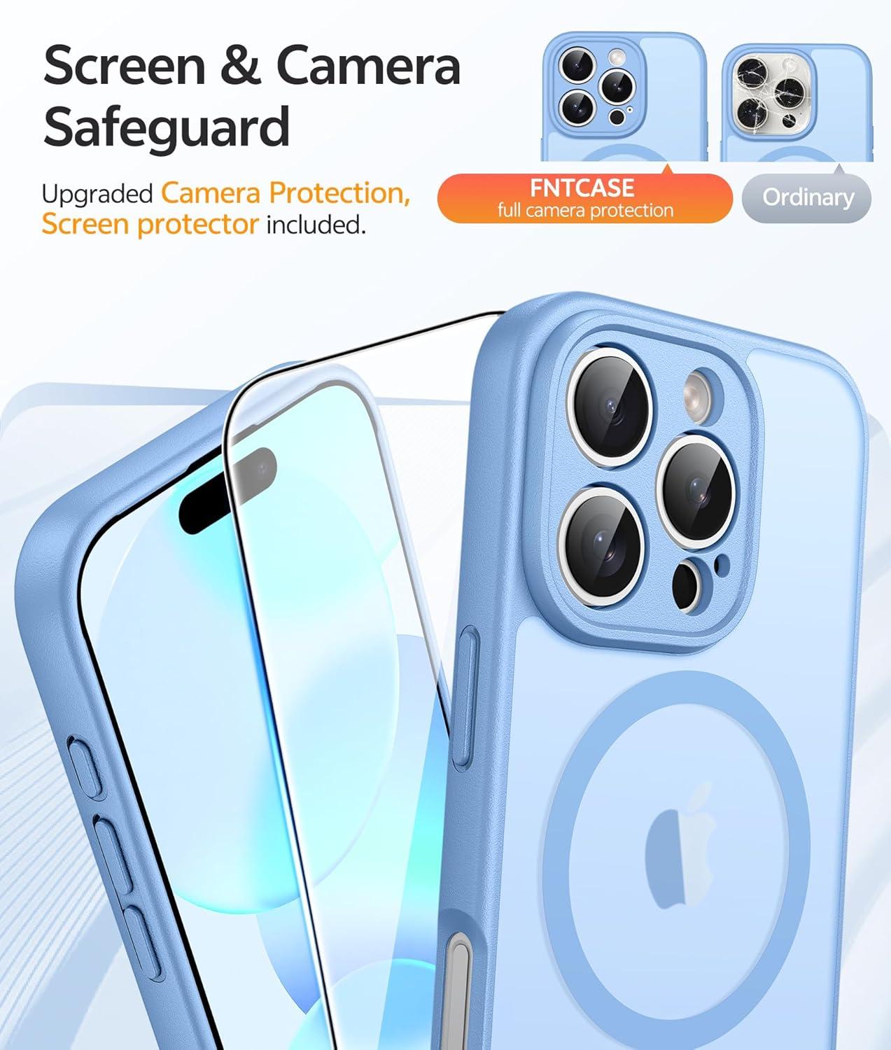 imageFNTCASE for iPhone 15 Pro Case Compatible with Magsafe Translucent Matte Magnetic Phone Cover Military Grade Drop Protection Shockproof Protective Cases BlackLight Blue