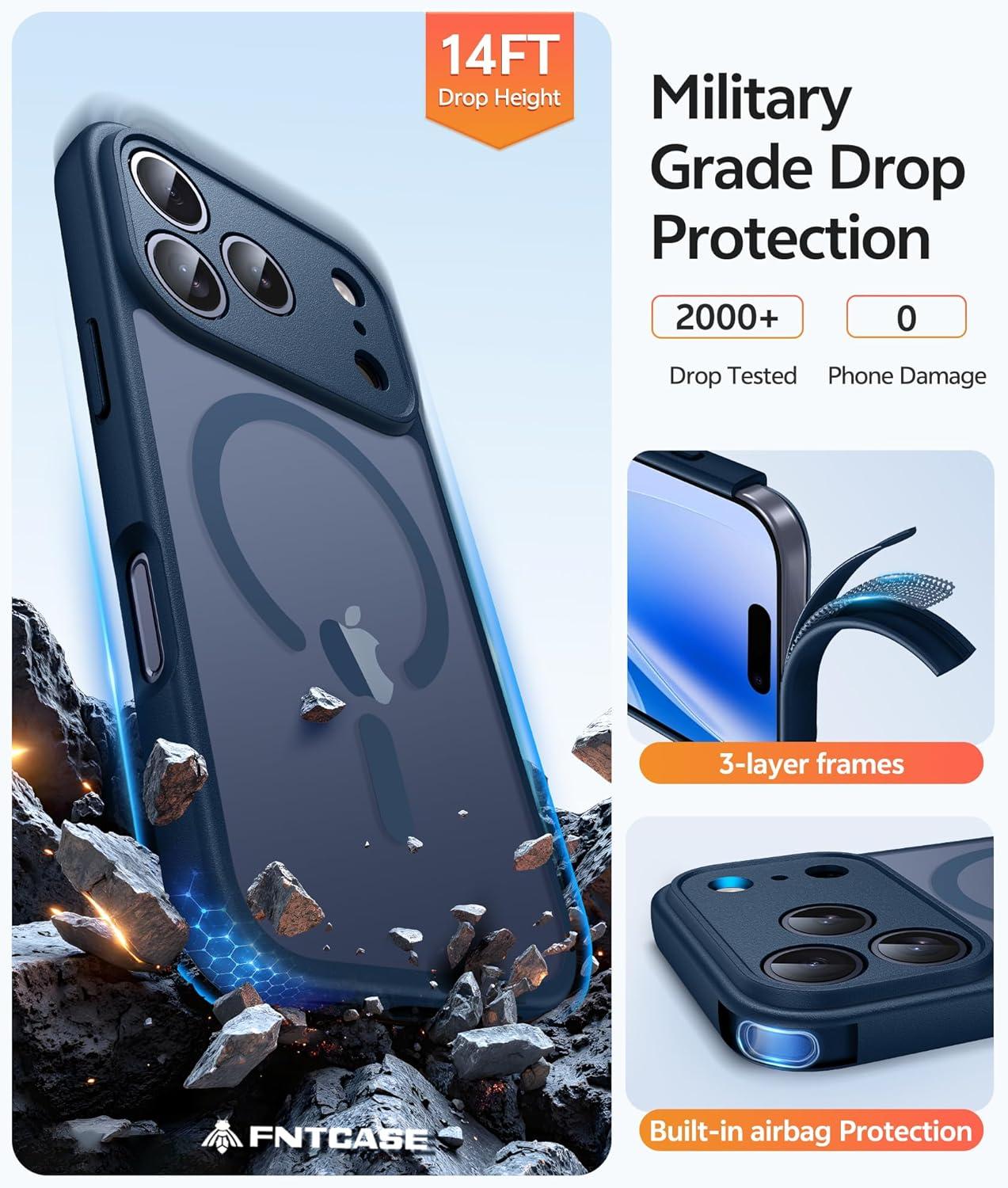 imageFNTCASE for iPhone 15 Pro Case Compatible with Magsafe Translucent Matte Magnetic Phone Cover Military Grade Drop Protection Shockproof Protective Cases BlackBlue