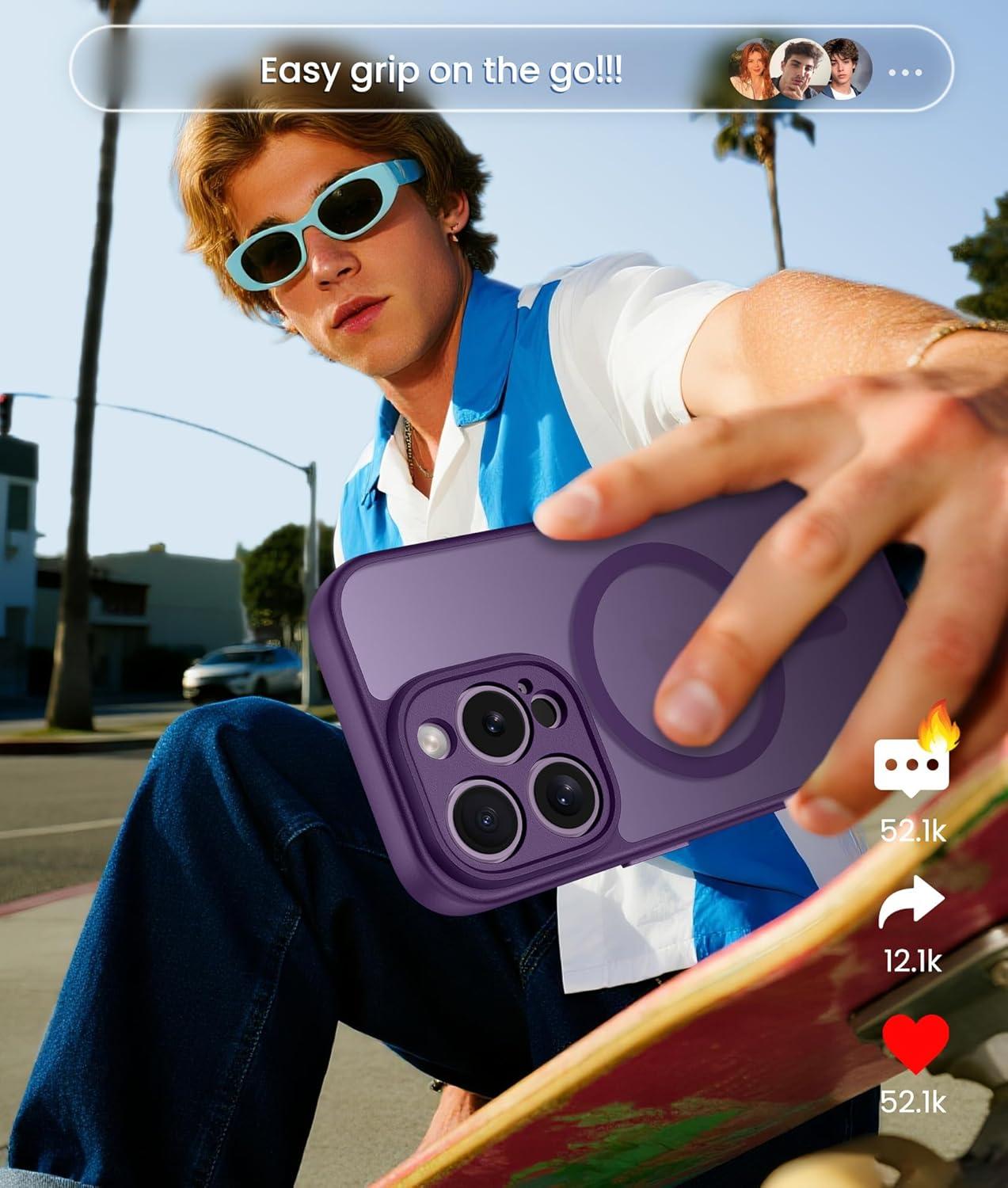 imageFNTCASE for iPhone 15 Pro Case Compatible with Magsafe Translucent Matte Magnetic Phone Cover Military Grade Drop Protection Shockproof Protective Cases BlackPurple
