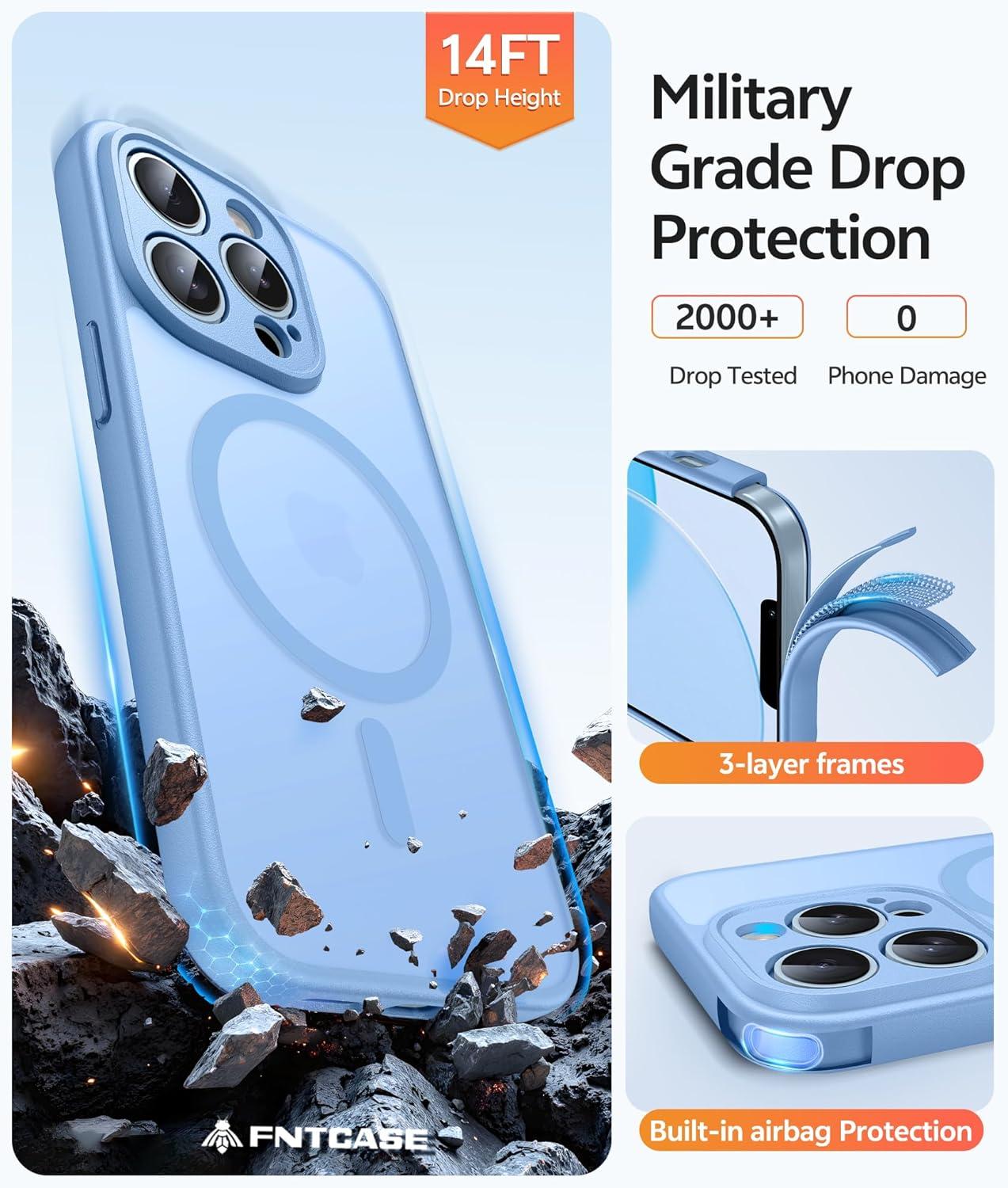 imageFNTCASE for iPhone 15 Pro Case Compatible with Magsafe Translucent Matte Magnetic Phone Cover Military Grade Drop Protection Shockproof Protective Cases BlackLight Blue