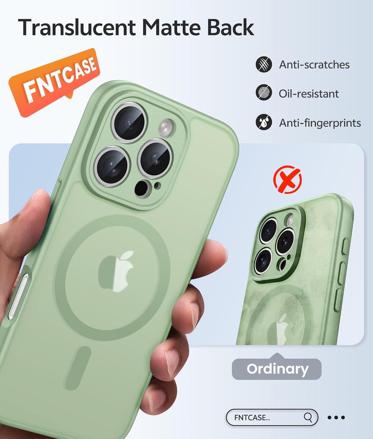 imageFNTCASE for iPhone 15 Pro Case Compatible with Magsafe Translucent Matte Magnetic Phone Cover Military Grade Drop Protection Shockproof Protective Cases BlackLight Moss