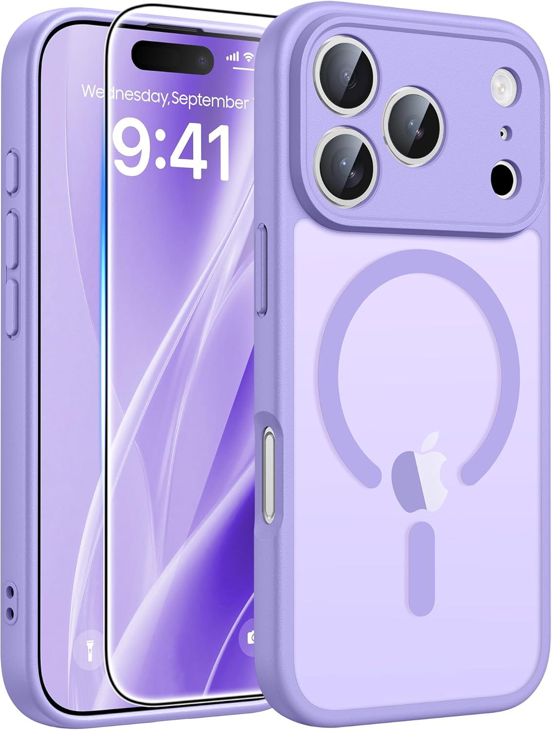 imageFNTCASE for iPhone 15 Pro Case Compatible with Magsafe Translucent Matte Magnetic Phone Cover Military Grade Drop Protection Shockproof Protective Cases BlackLight Purple