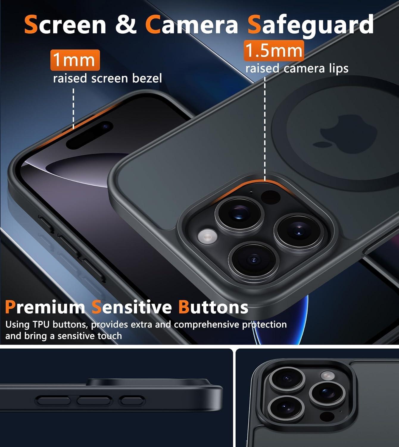 imageFNTCASE for iPhone 15 Pro Case Compatible with Magsafe Translucent Matte Magnetic Phone Cover Military Grade Drop Protection Shockproof Protective Cases BlackBlack