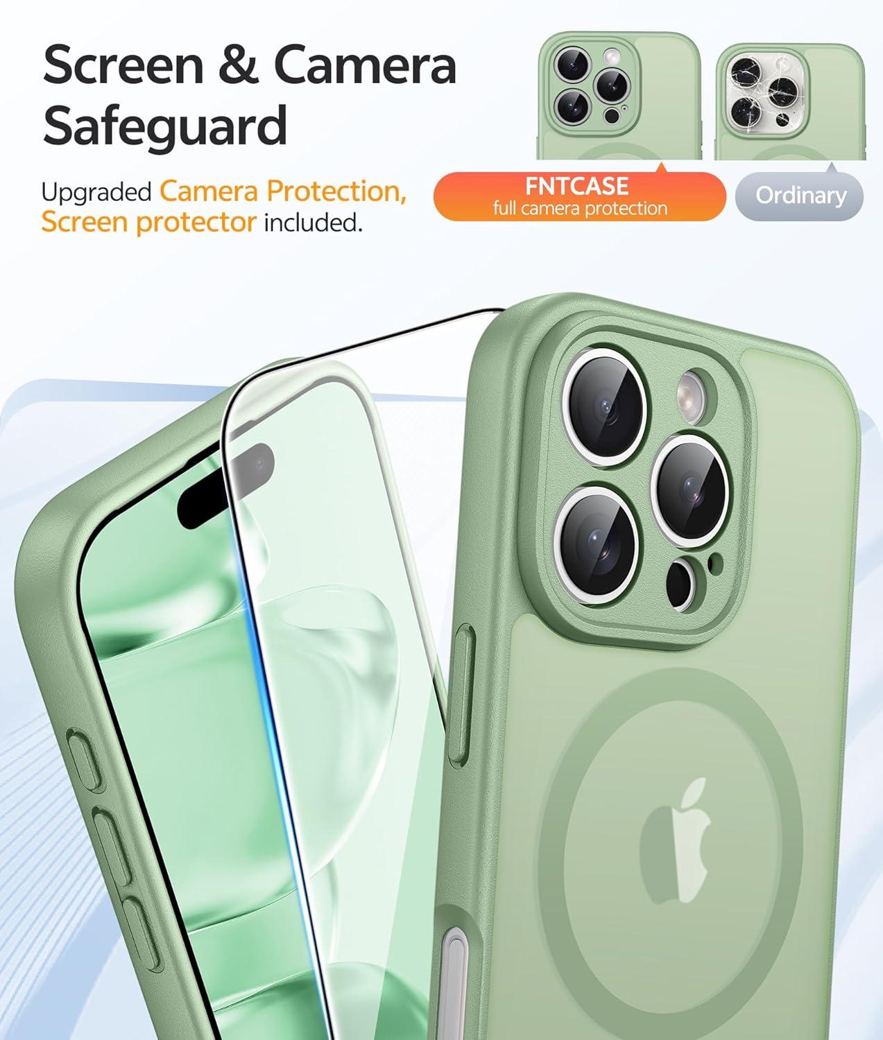 imageFNTCASE for iPhone 15 Pro Case Compatible with Magsafe Translucent Matte Magnetic Phone Cover Military Grade Drop Protection Shockproof Protective Cases BlackLight Moss