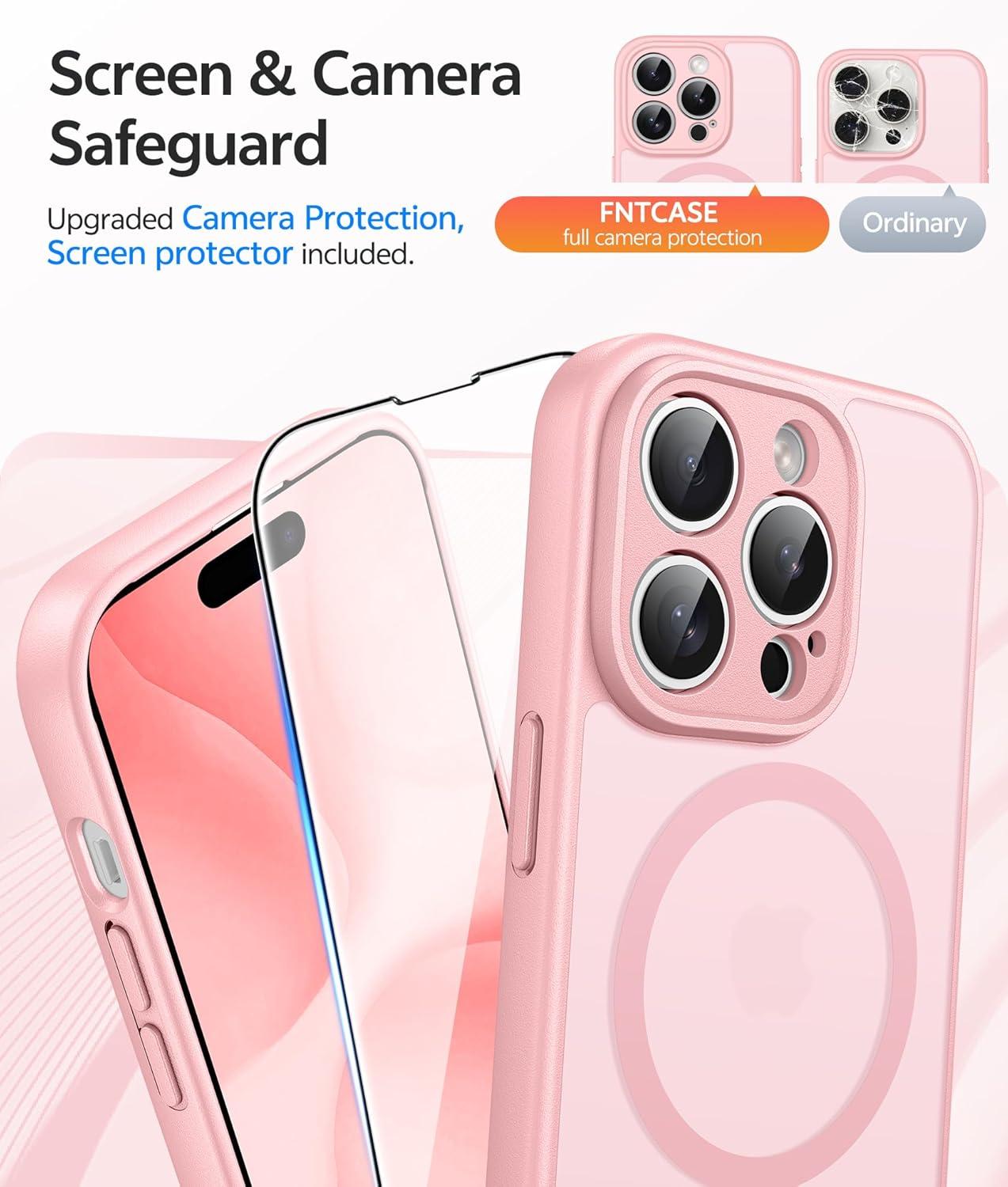 imageFNTCASE for iPhone 15 Pro Case Compatible with Magsafe Translucent Matte Magnetic Phone Cover Military Grade Drop Protection Shockproof Protective Cases BlackLight Pink