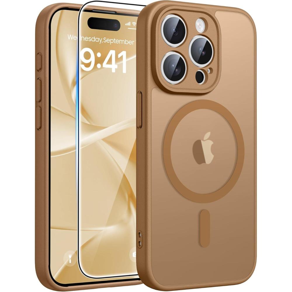imageFNTCASE for iPhone 15 Pro Case Compatible with Magsafe Translucent Matte Magnetic Phone Cover Military Grade Drop Protection Shockproof Protective Cases BlackBrown