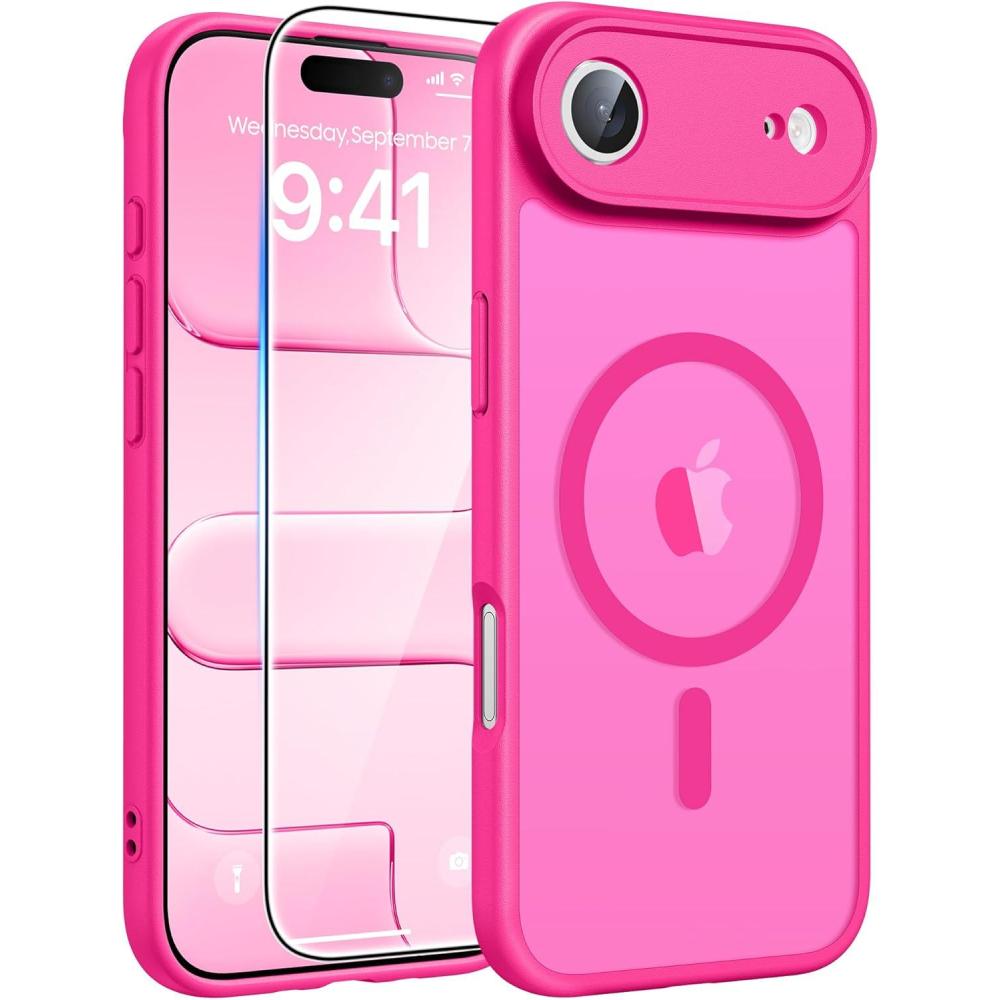 imageFNTCASE for iPhone 15 Pro Case Compatible with Magsafe Translucent Matte Magnetic Phone Cover Military Grade Drop Protection Shockproof Protective Cases BlackHot Pink