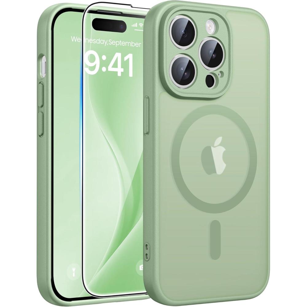 imageFNTCASE for iPhone 15 Pro Case Compatible with Magsafe Translucent Matte Magnetic Phone Cover Military Grade Drop Protection Shockproof Protective Cases BlackLight Moss