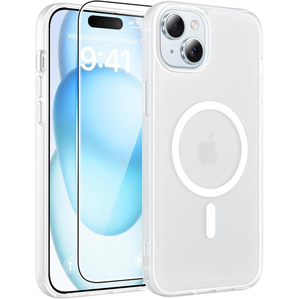 imageFNTCASE for iPhone 15 Pro Case Compatible with Magsafe Translucent Matte Magnetic Phone Cover Military Grade Drop Protection Shockproof Protective Cases BlackWhite