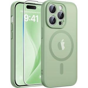 FNTCASE for iPhone 15 Pro Case: [Compatible with Magsafe] Translucent Matte Magnetic Phone Cover – Military Grade Drop Protection Shockproof Protective Cases – Black(Light Moss)