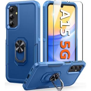 FNTCASE for Samsung Galaxy A15-5G Case: Dual Layer Shockproof Protective Cell Phone Cover with Magnetic Kickstand | Military Grade Drop Proof Protection | Hybrid Matte Textured Rugged Hard Phonecase(Matte Blue)