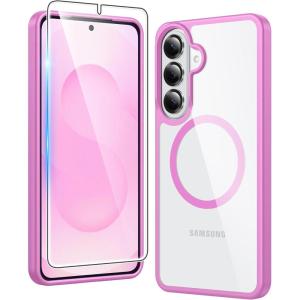 FNTCASE for Samsung Galaxy S26 Case: Clear Anti Yellowing Magnetic Military Grade Drop Protection Cell Phone Cover Compatible with Magsafe – Rugged Shockproof Protective Bumper Transparent Phonecase(C-Pink Magnetic)