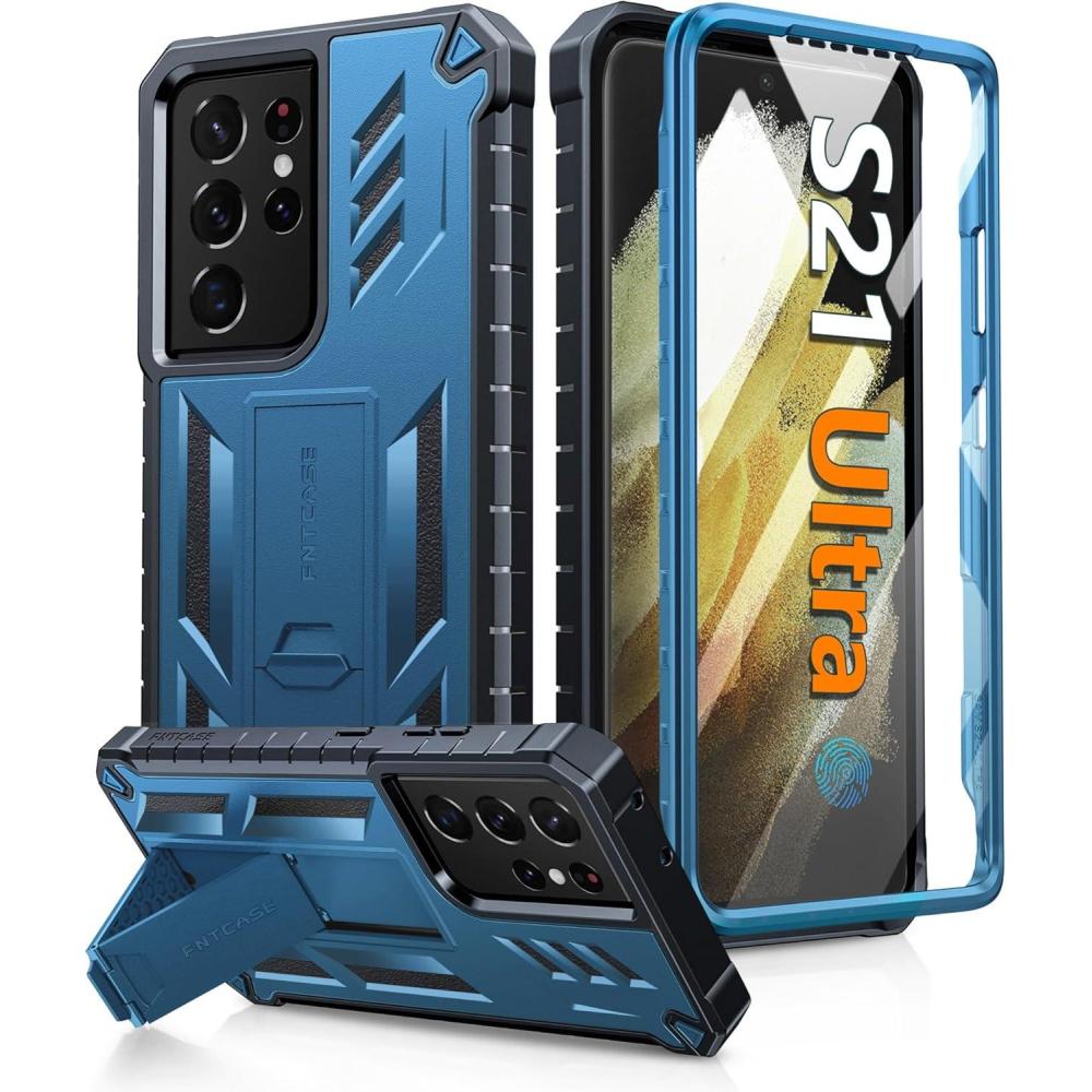imageFNTCASE for Samsung Galaxy S21Ultra Case Military Grade Rugged Cell Phone Cover with Kickstand  Shockproof TPU Protection Bumper Matte Textured Design for Samsung S21 Ultra Cases 68 inches BlackBlue