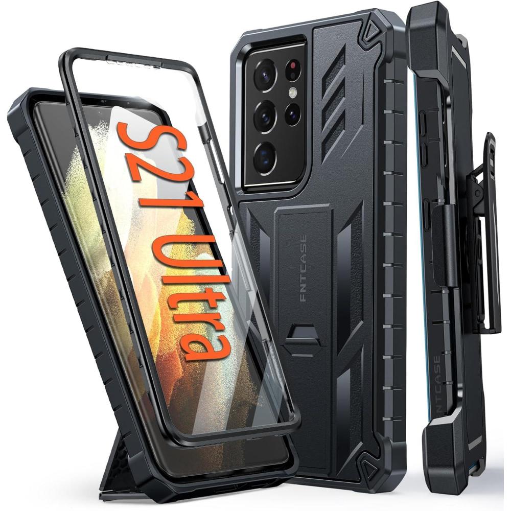 imageFNTCASE for Samsung Galaxy S21Ultra Case Military Grade Rugged Cell Phone Cover with Kickstand  Shockproof TPU Protection Bumper Matte Textured Design for Samsung S21 Ultra Cases 68 inches BlackTBlack