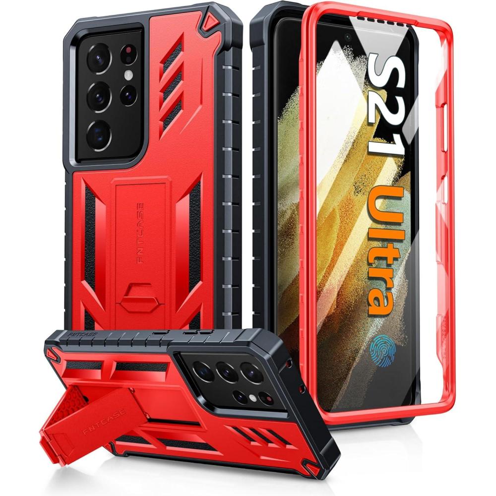 imageFNTCASE for Samsung Galaxy S21Ultra Case Military Grade Rugged Cell Phone Cover with Kickstand  Shockproof TPU Protection Bumper Matte Textured Design for Samsung S21 Ultra Cases 68 inches BlackRed