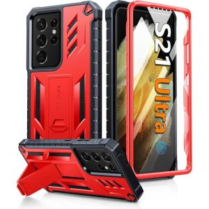 FNTCASE for Samsung Galaxy S21-Ultra Case: Military Grade Rugged Cell Phone Cover with Kickstand | Shockproof TPU Protection Bumper Matte Textured Design for Samsung S21 Ultra Cases 6.8 inches (Black)(Red)