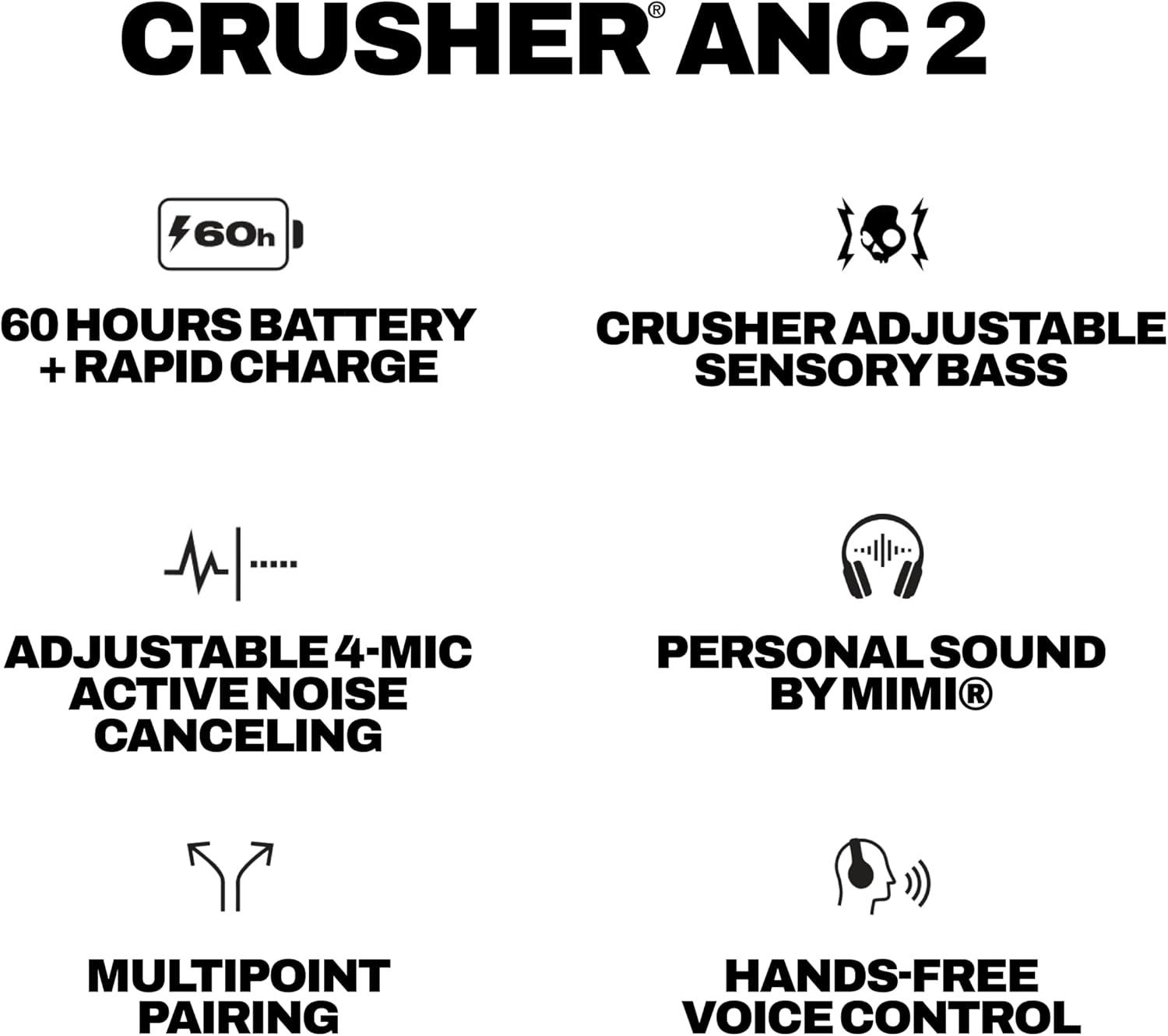 imageSkullcandy Crusher ANC 2 Wireless OverEar Bluetooth Headphones with MultiSensory Bass Active Noise Cancelling Up to 60 Hours Battery Microphone for iPhone Android HazardPlasma