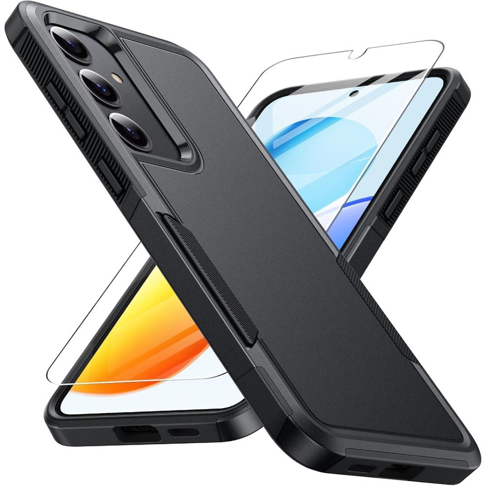 imageFNTCASE for Samsung Galaxy S26 Case Military Grade Drop Protection 14ft Drop Protective Screen Protector Included AntiSlip Texture TPUPC Dual Layer Shockproof Phone Case Cover BlackMatte Black
