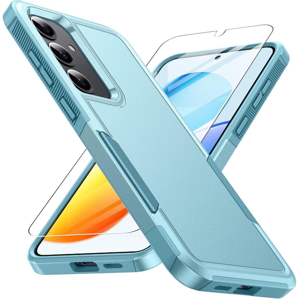 imageFNTCASE for Samsung Galaxy S26 Case Military Grade Drop Protection 14ft Drop Protective Screen Protector Included AntiSlip Texture TPUPC Dual Layer Shockproof Phone Case Cover BlackMatte Mint Green