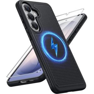 FNTCASE for Samsung Galaxy S26 Case: Military Grade Drop Protection, 14ft Drop Protective, Screen Protector Included, Anti-Slip Texture TPU+PC Dual Layer Shockproof Phone Case Cover (Black)(Black Magnetic)
