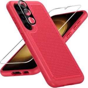 FNTCASE for Samsung Galaxy S26 Case: Military Grade Drop Protection, 14ft Drop Protective, Screen Protector Included, Anti-Slip Texture TPU+PC Dual Layer Shockproof Phone Case Cover (Black)(Red)