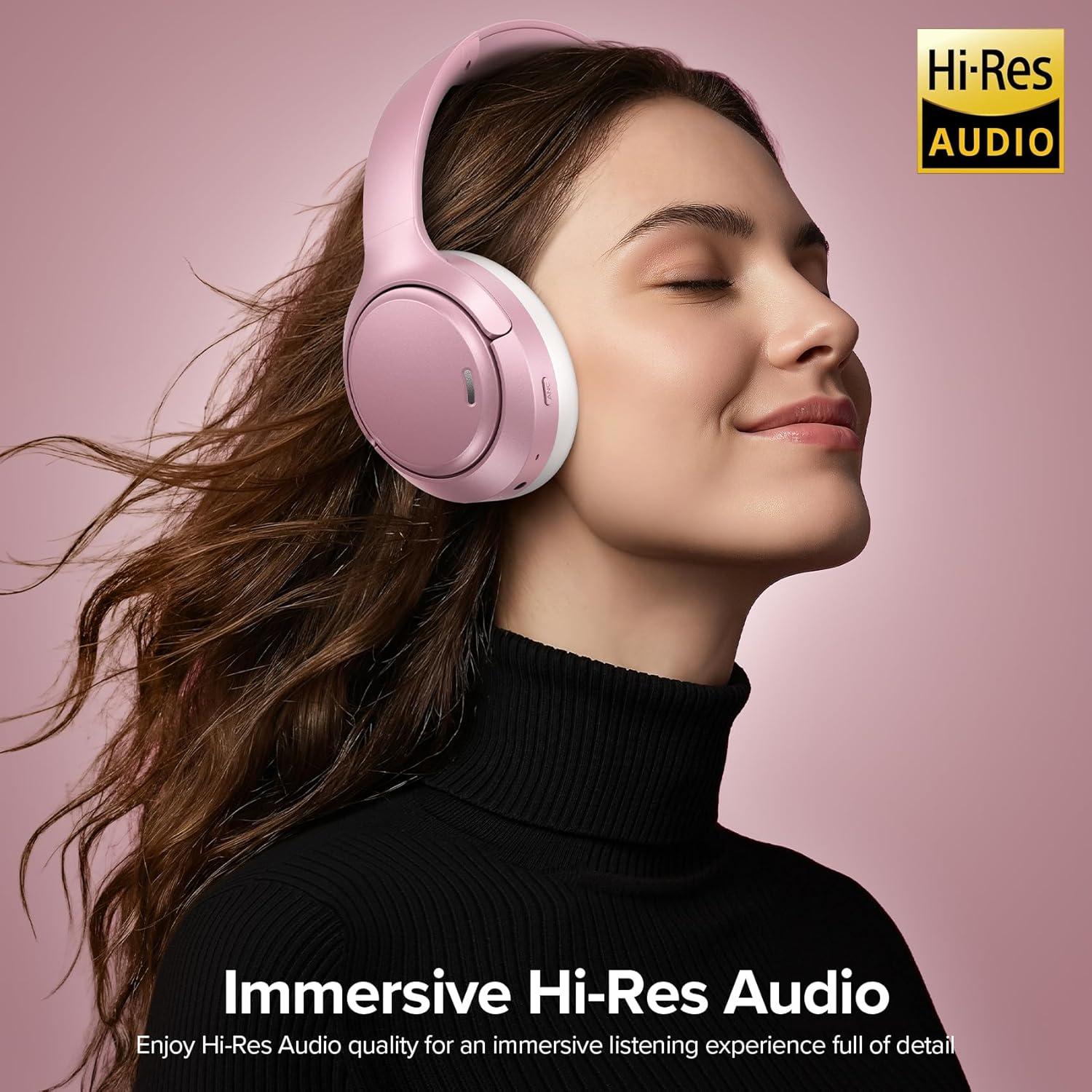 imageHybrid Active Noise Cancelling Bluetooth 60 Headphones 120H Playtime 6 ENC Clear Call Mic Over Ear Headphones Wireless with HiRes Audio Comfort Earcup Low Latency ANC Headphone for Workout TravelRose Gold