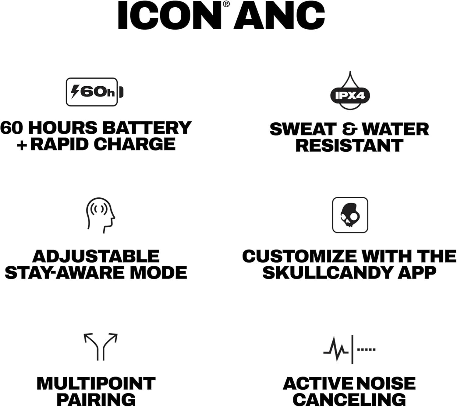 imageSkullcandy Icon ANC Wireless OnEar Bluetooth Headphones Active Noise Cancelling 60 Hours Battery Sweat Water Resistant Foldable Durable Travel Ready Microphone for iPhone Android BoneBone