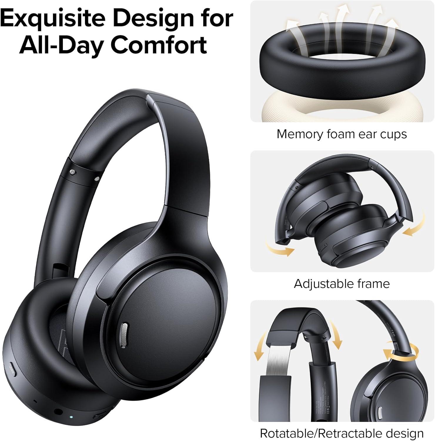 imageHybrid Active Noise Cancelling Headphones 120H Long Playtime 6 ENC Mic Wireless OverEar Bluetooth 60 HeadphonesHiRes Audio Memory Foam Earcup Transparency Mode ANC Headphone for Travel OfficeClassic Black