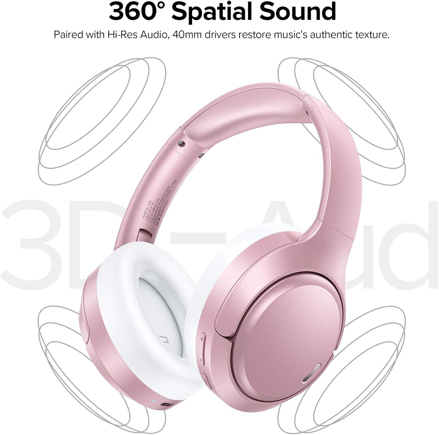 imageHybrid Active Noise Cancelling Headphones 120H Long Playtime 6 ENC Mic Wireless OverEar Bluetooth 60 HeadphonesHiRes Audio Memory Foam Earcup Transparency Mode ANC Headphone for Travel OfficeRose Gold