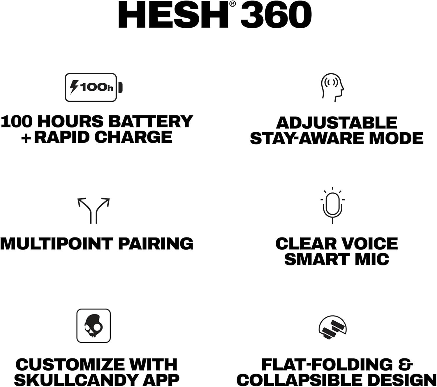 imageSkullcandy Hesh 360 Wireless OverEar Bluetooth Headphones Up to 100 Hours Battery Noise Isolating Fit FlatFolding Collapsible Design Microphone iPhone Android BoneBone