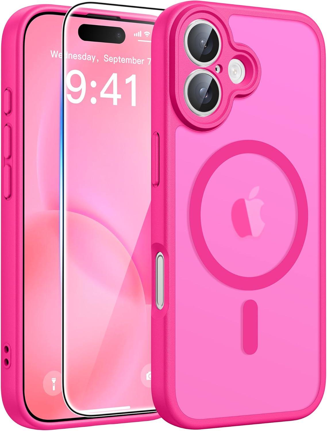 imageFNTCASE for Google Pixel 10a Case Compatible with Magsafe Translucent Matte Cases with Screen Protector Military Grade Shockproof Protective Magnetic Phone Cover for Pixel 10A BlackHot Pink