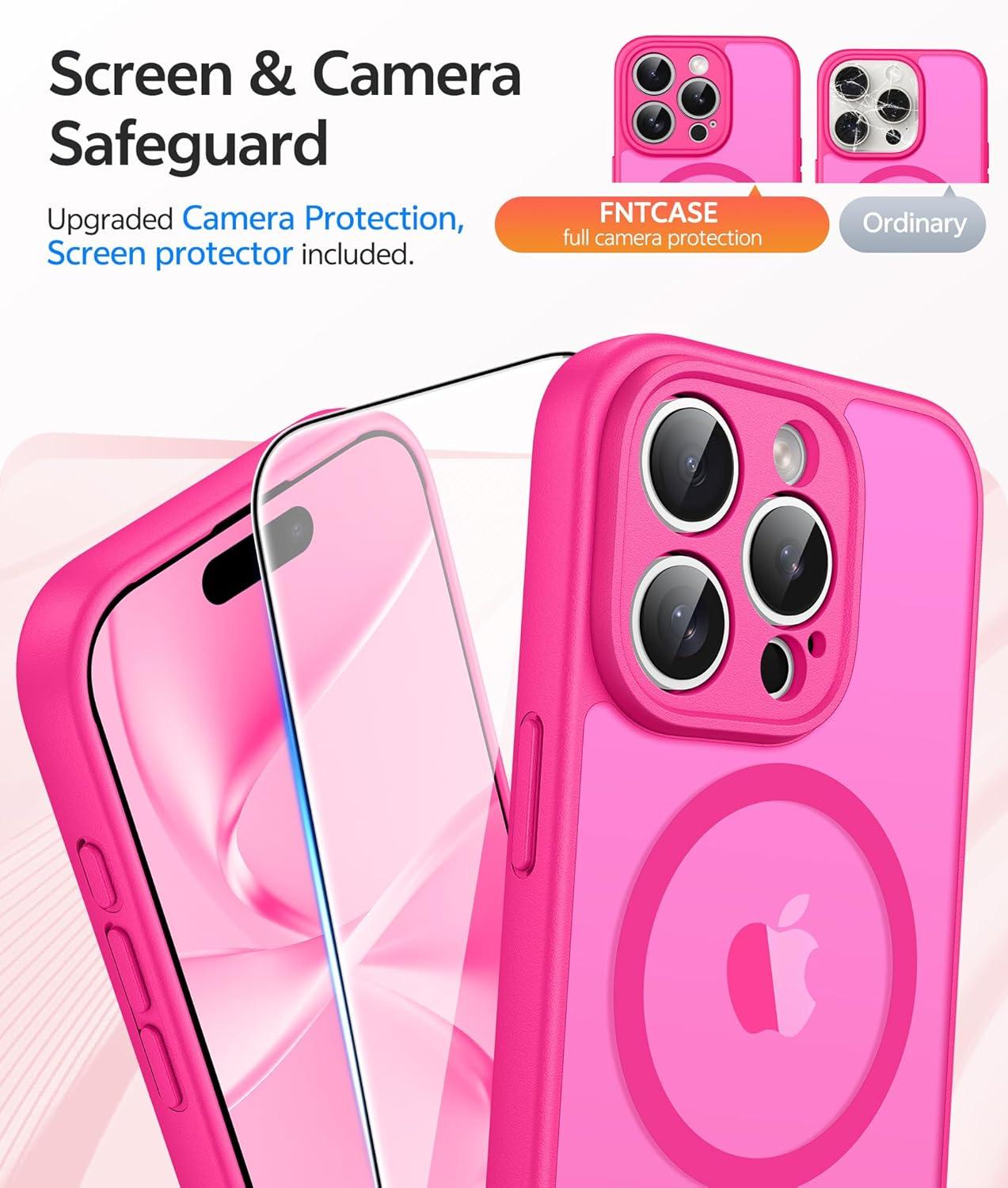 imageFNTCASE for Google Pixel 10a Case Compatible with Magsafe Translucent Matte Cases with Screen Protector Military Grade Shockproof Protective Magnetic Phone Cover for Pixel 10A BlackHot Pink