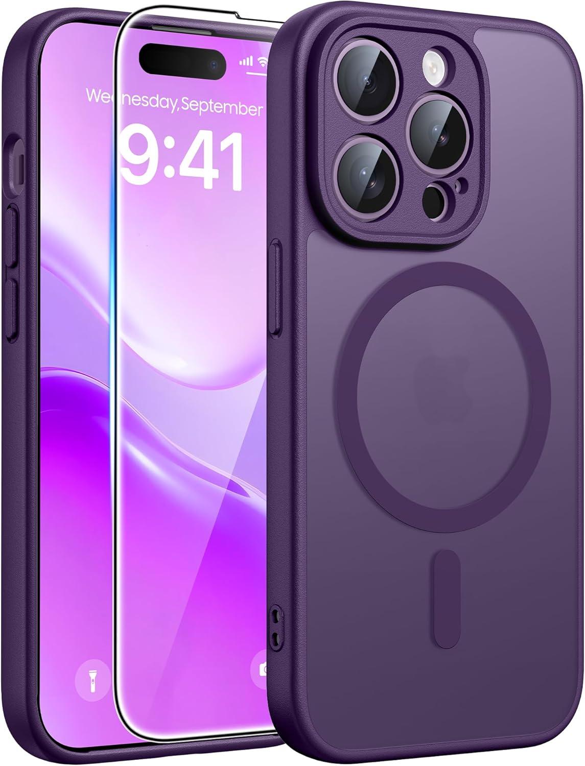 imageFNTCASE for Google Pixel 10a Case Compatible with Magsafe Translucent Matte Cases with Screen Protector Military Grade Shockproof Protective Magnetic Phone Cover for Pixel 10A BlackPurple