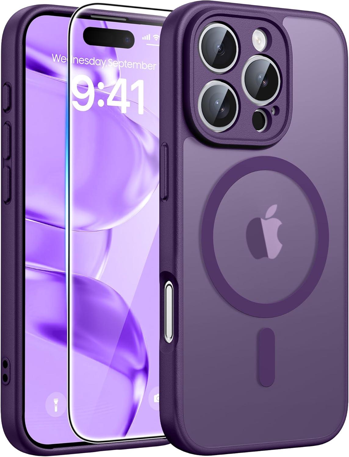 imageFNTCASE for Google Pixel 10a Case Compatible with Magsafe Translucent Matte Cases with Screen Protector Military Grade Shockproof Protective Magnetic Phone Cover for Pixel 10A BlackPurple