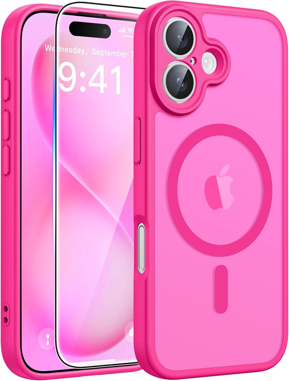 imageFNTCASE for Google Pixel 10a Case Compatible with Magsafe Translucent Matte Cases with Screen Protector Military Grade Shockproof Protective Magnetic Phone Cover for Pixel 10A BlackHot Pink