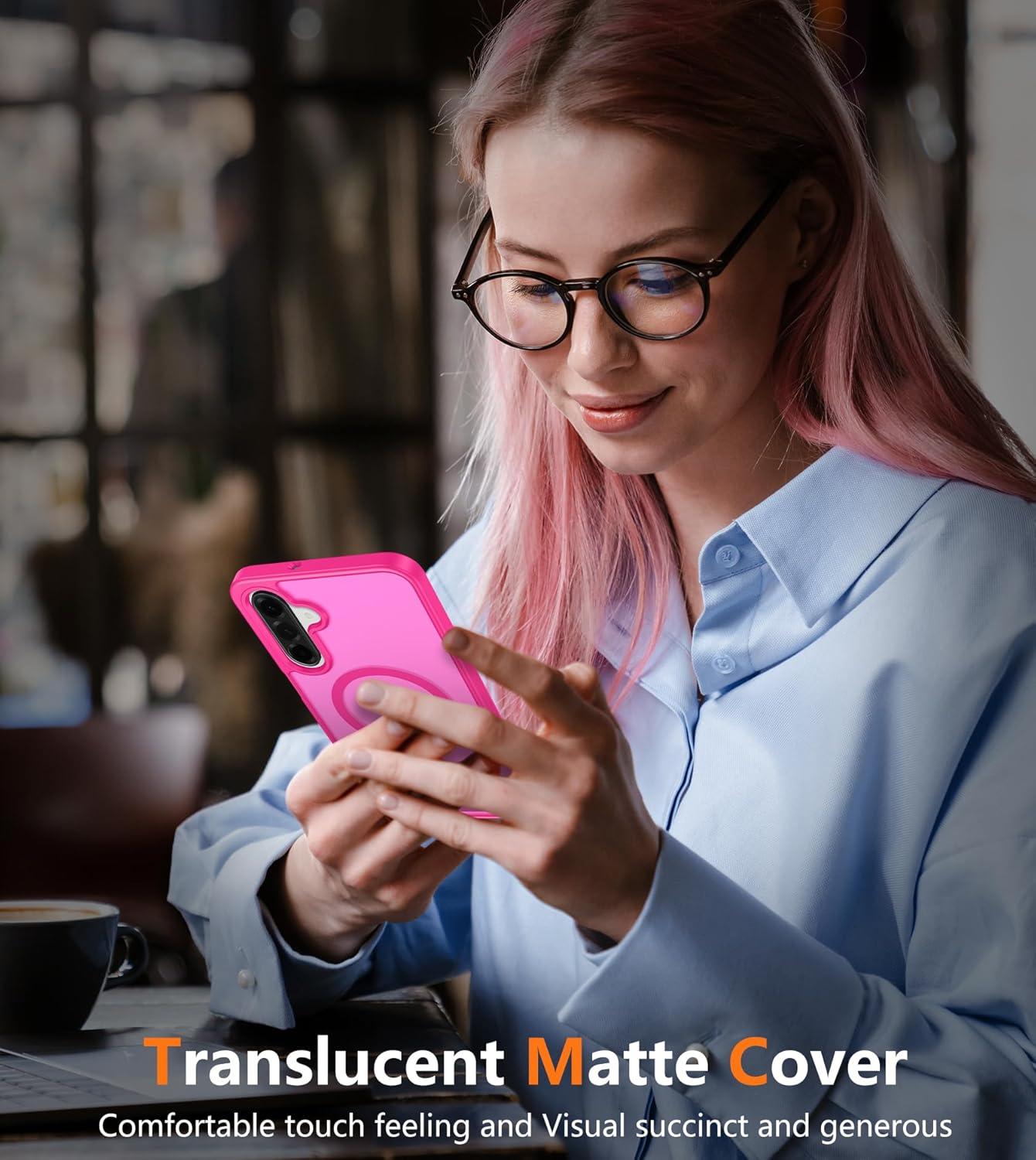 imageFNTCASE for Google Pixel 10a Case Compatible with Magsafe Translucent Matte Cases with Screen Protector Military Grade Shockproof Protective Magnetic Phone Cover for Pixel 10A BlackHot Pink