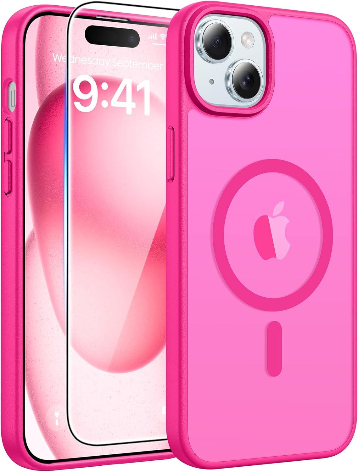 imageFNTCASE for Google Pixel 10a Case Compatible with Magsafe Translucent Matte Cases with Screen Protector Military Grade Shockproof Protective Magnetic Phone Cover for Pixel 10A BlackHot Pink