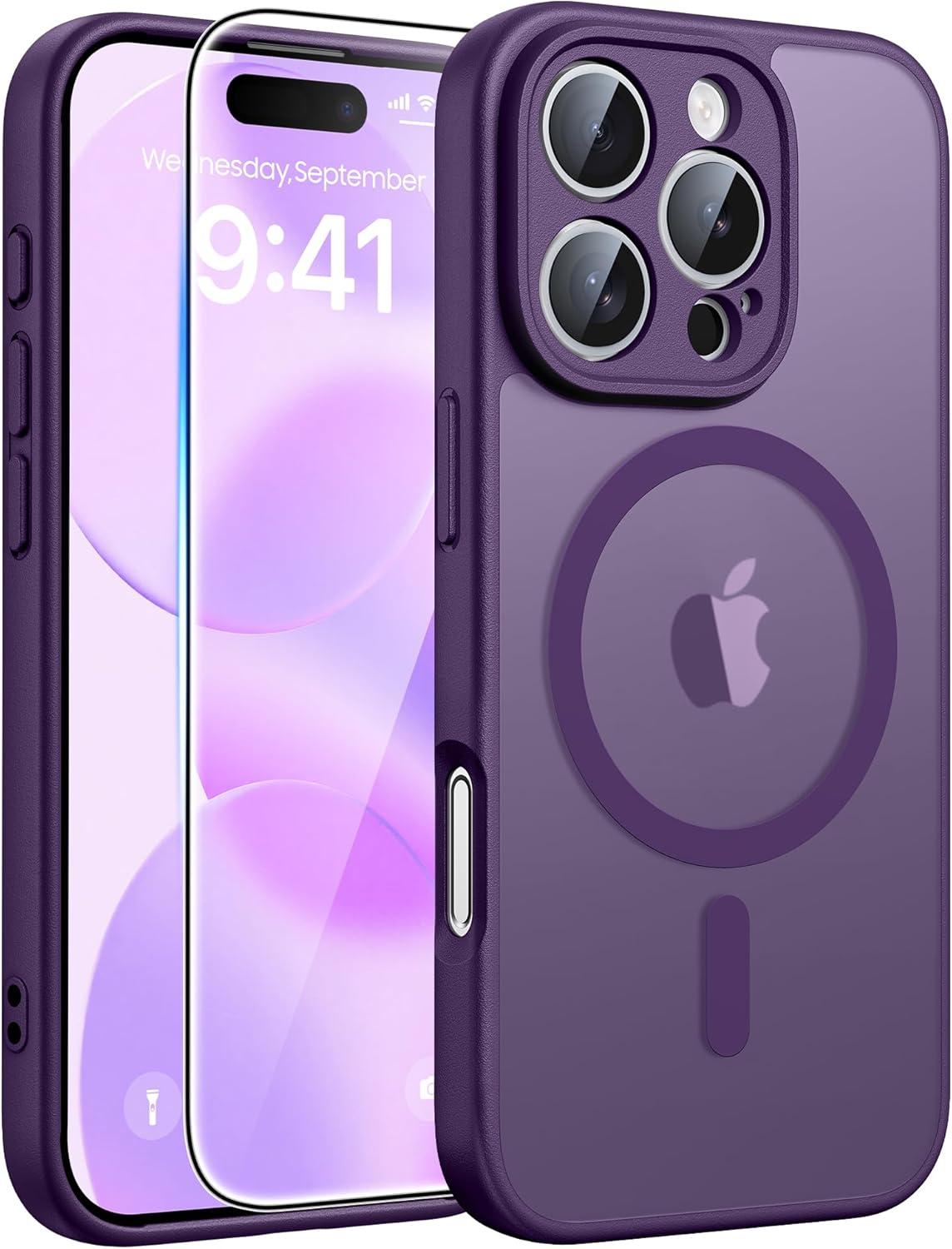 imageFNTCASE for Google Pixel 10a Case Compatible with Magsafe Translucent Matte Cases with Screen Protector Military Grade Shockproof Protective Magnetic Phone Cover for Pixel 10A BlackPurple